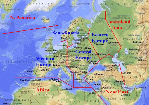 delimitation and division of Europe used in these pages